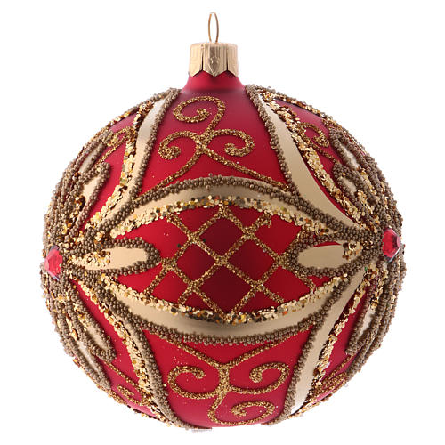 Weihnachtsbaumkugel aus mundgeblasenem Glas Grundton Rot mit goldenen Verzierungen 100 mm 2