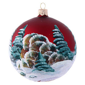 Weihnachtsbaumkugel aus mundgeblasenem Glas Grundton Bordeaux Motiv schneebedeckte Häuser 100 mm