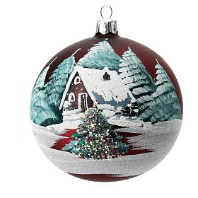 Weihnachtsbaumkugel aus mundgeblasenem Glas Grundton Bordeaux Motiv schneebedeckte Häuser 100 mm