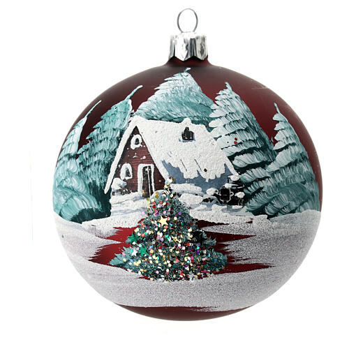 Weihnachtsbaumkugel aus mundgeblasenem Glas Grundton Bordeaux Motiv schneebedeckte Häuser 100 mm 2