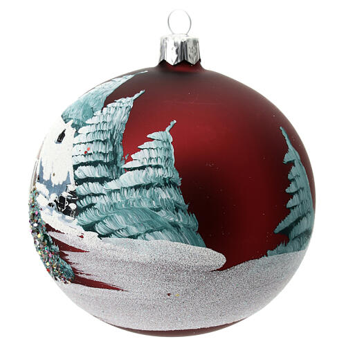 Weihnachtsbaumkugel aus mundgeblasenem Glas Grundton Bordeaux Motiv schneebedeckte Häuser 100 mm 5