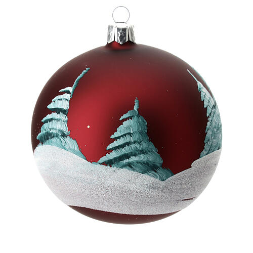 Weihnachtsbaumkugel aus mundgeblasenem Glas Grundton Bordeaux Motiv schneebedeckte Häuser 100 mm 7