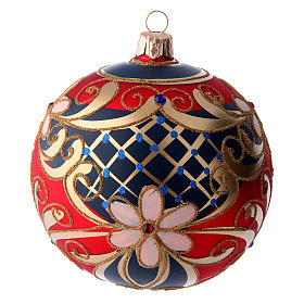 Weihnachtsbaumkugel aus Glas Grundton Rot mit goldenen und blauen floralen Motiven 100 mm