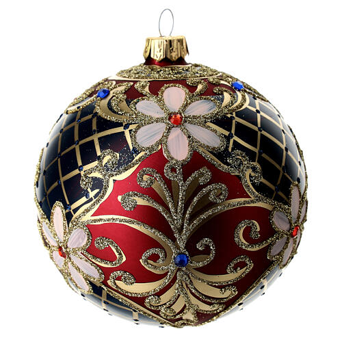 Weihnachtsbaumkugel aus Glas Grundton Rot mit goldenen und blauen floralen Motiven 100 mm 2