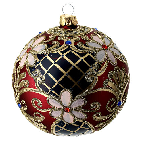 Weihnachtsbaumkugel aus Glas Grundton Rot mit goldenen und blauen floralen Motiven 100 mm 6