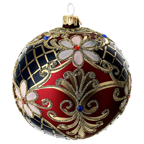 Weihnachtsbaumkugel aus Glas Grundton Rot mit goldenen und blauen floralen Motiven 100 mm 8