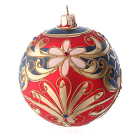 Glass ball with flower decorations coloured in red, blue and gold 100 mm