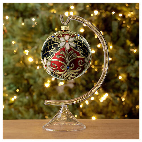 Glass ball with flower decorations coloured in red, blue and gold 100 mm 4