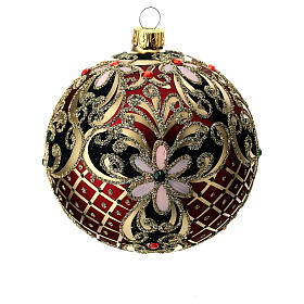 Weihnachtsbaumkugel aus Glas Grundton Rot mit schwarzen und goldenen floralen Motiven 100 mm