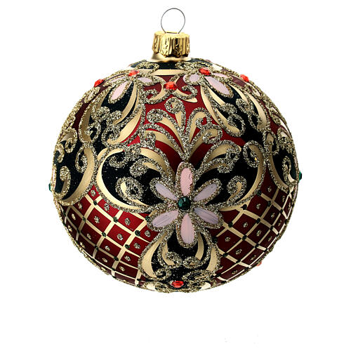 Weihnachtsbaumkugel aus Glas Grundton Rot mit schwarzen und goldenen floralen Motiven 100 mm 2