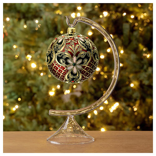 Weihnachtsbaumkugel aus Glas Grundton Rot mit schwarzen und goldenen floralen Motiven 100 mm 3
