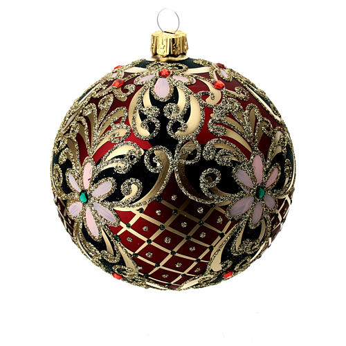 Weihnachtsbaumkugel aus Glas Grundton Rot mit schwarzen und goldenen floralen Motiven 100 mm 6
