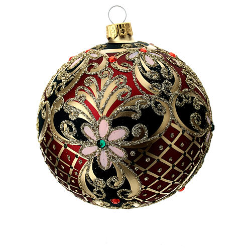 Weihnachtsbaumkugel aus Glas Grundton Rot mit schwarzen und goldenen floralen Motiven 100 mm 8