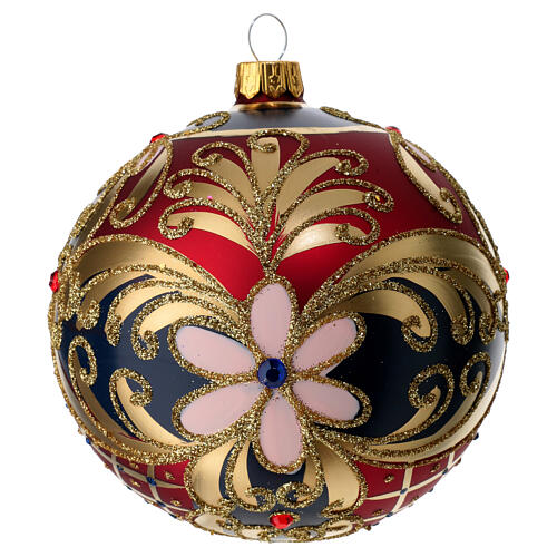 Weihnachtsbaumkugel aus Glas Grundton Rot mit schwarzen und goldenen floralen Motiven 100 mm 1