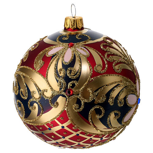 Weihnachtsbaumkugel aus Glas Grundton Rot mit schwarzen und goldenen floralen Motiven 100 mm 3