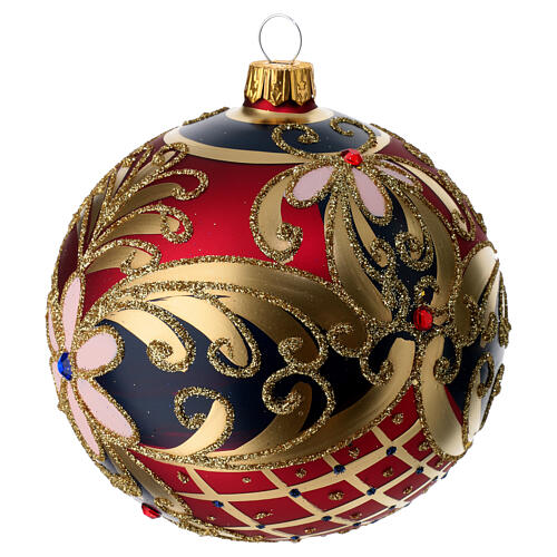 Weihnachtsbaumkugel aus Glas Grundton Rot mit schwarzen und goldenen floralen Motiven 100 mm 4