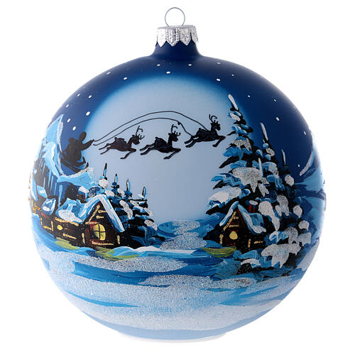 Weihnachtsbaumkugel aus Glas Grundton Blau Motiv Weihnachtsmann im Schlitten 150 mm 1