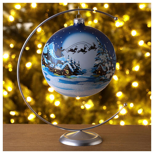 Weihnachtsbaumkugel aus Glas Grundton Blau Motiv Weihnachtsmann im Schlitten 150 mm 2