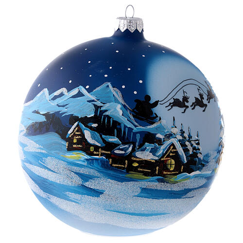 Weihnachtsbaumkugel aus Glas Grundton Blau Motiv Weihnachtsmann im Schlitten 150 mm 4