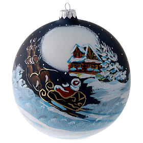 Weihnachtsbaumkugel aus mundgeblasenem Glas Grundton Blau Motiv Weihnachtsmann im Schlitten 150 mm