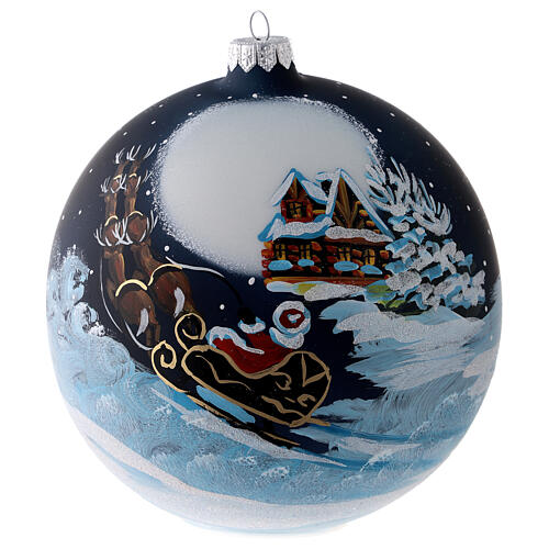 Weihnachtsbaumkugel aus mundgeblasenem Glas Grundton Blau Motiv Weihnachtsmann im Schlitten 150 mm 1
