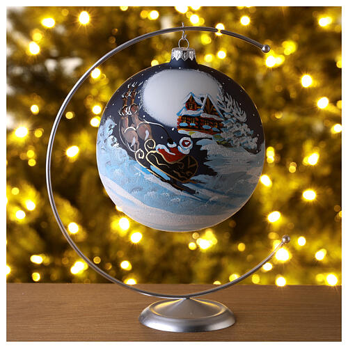 Weihnachtsbaumkugel aus mundgeblasenem Glas Grundton Blau Motiv Weihnachtsmann im Schlitten 150 mm 2