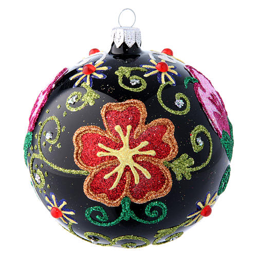 Weihnachtsbaumkugel aus Glas Grundton Schwarz glänzend mit floralen Motiven 100 mm 1
