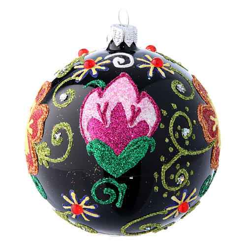 Weihnachtsbaumkugel aus Glas Grundton Schwarz glänzend mit floralen Motiven 100 mm 2