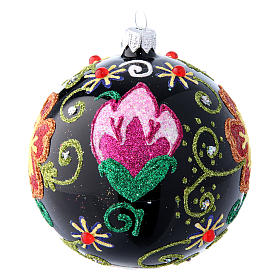 Shiny glass ball coloured in black with flower decorations 100 mm