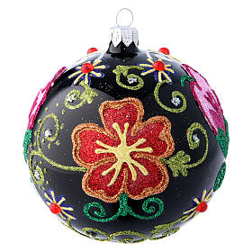 Shiny Glass Christmas Ball in black with flower decorations 100 mm