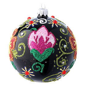 Shiny Glass Christmas Ball in black with flower decorations 100 mm