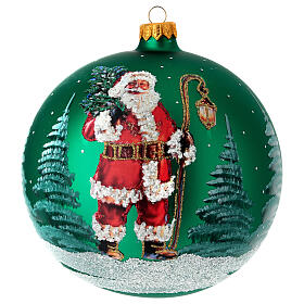 Green glass ball with Father Christmas illustration decoupage 150 mm