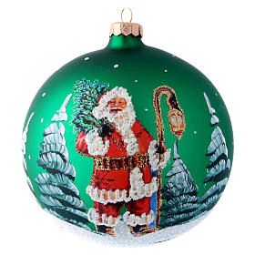 Green glass ball with Father Christmas illustration decoupage 150 mm