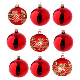 Christmas bauble red glass 80 mm set of 9 pieces assorted decorations