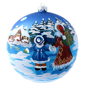 Boule bleue verre 150 mm Père Noël avec enfant