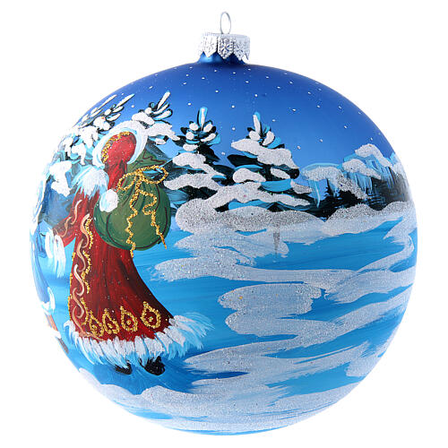 Boule bleue verre 150 mm Père Noël avec enfant 2