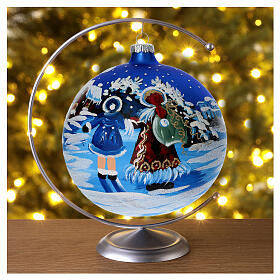 Pallina blu vetro 150 mm Babbo Natale con bimbo