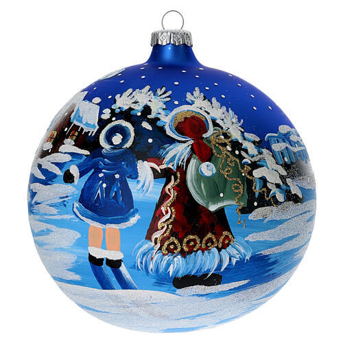 Pallina blu vetro 150 mm Babbo Natale con bimbo 1