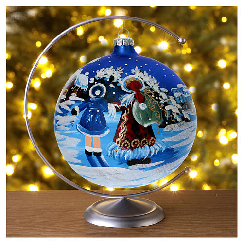 Pallina blu vetro 150 mm Babbo Natale con bimbo 2