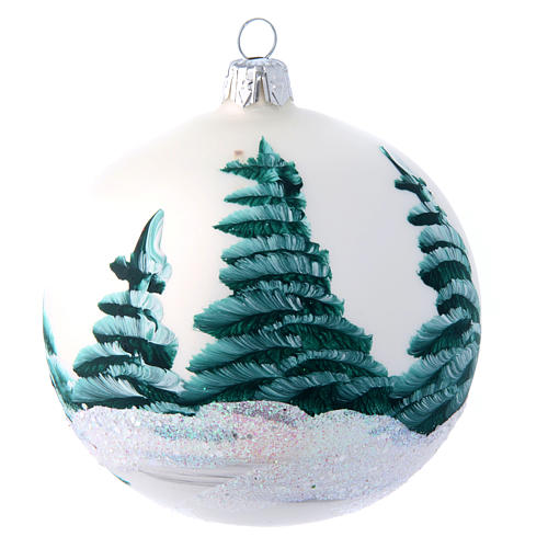 Weihnachtsbaumkugel aus Glas Grundton Weiß Motiv schneebedeckte Winterlandschaft 100 mm 2