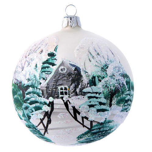 White shiny Christmas ball sized 100 mm in glass decoupage 1
