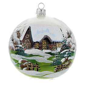 Weihnachtsbaumkugel aus Glas Grundton Weiß Motiv schneebedecktes Dorf 100 mm