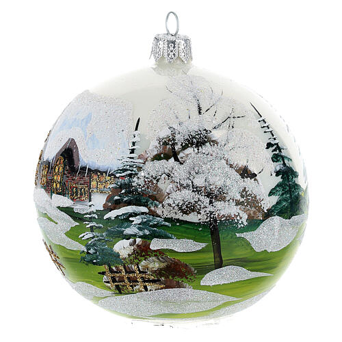 Weihnachtsbaumkugel aus Glas Grundton Weiß Motiv schneebedecktes Dorf 100 mm 3