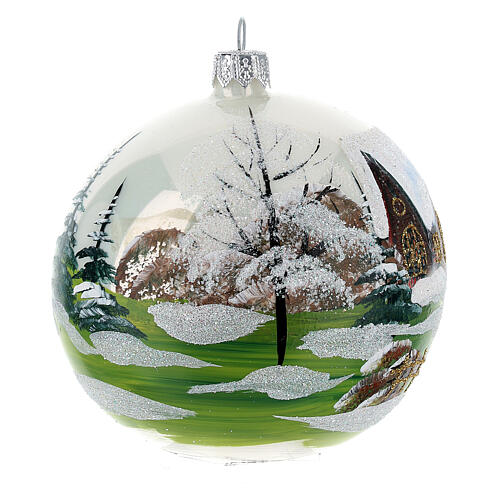 Weihnachtsbaumkugel aus Glas Grundton Weiß Motiv schneebedecktes Dorf 100 mm 4