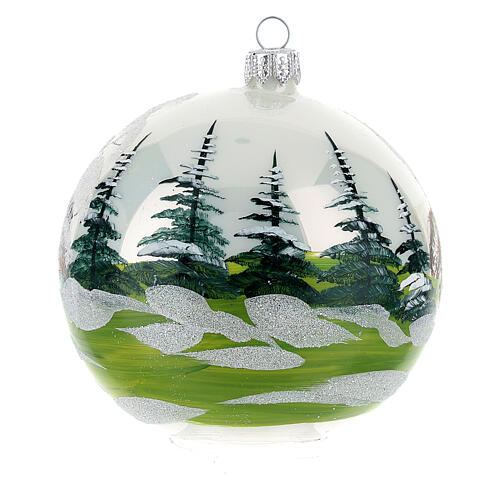 Weihnachtsbaumkugel aus Glas Grundton Weiß Motiv schneebedecktes Dorf 100 mm 5