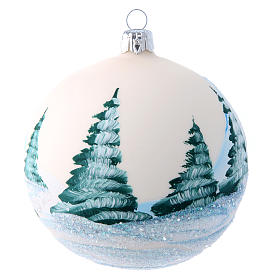Weihnachtsbaumkugel aus Glas Grundton Weiß Motiv schneebedeckte Winterlandschaft mit Schneemann 100 mm