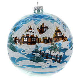 Weihnachtsbaumkugel aus Glas Grundton Himmelblau Motiv schneebedeckte Winterlandschaft 150 mm
