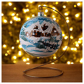 Weihnachtsbaumkugel aus Glas Grundton Himmelblau Motiv schneebedeckte Winterlandschaft 150 mm