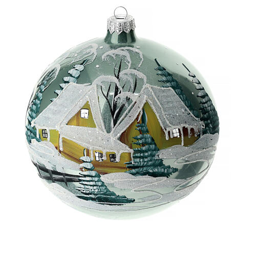 Weihnachtsbaumkugel aus Glas Grundton Himmelblau Motiv schneebedeckte Winterlandschaft 150 mm 1