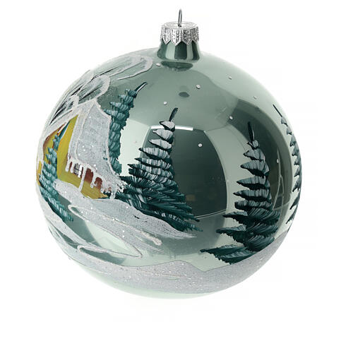 Weihnachtsbaumkugel aus Glas Grundton Himmelblau Motiv schneebedeckte Winterlandschaft 150 mm 8
